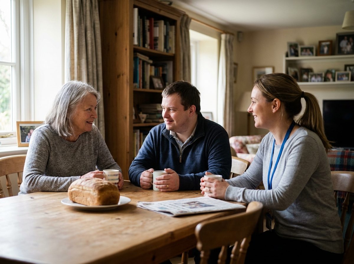 A family and support professional connecting warmly in an everyday setting