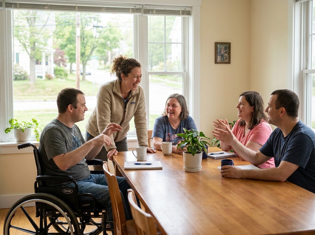 Individuals and support staff sharing a warm, everyday moment together